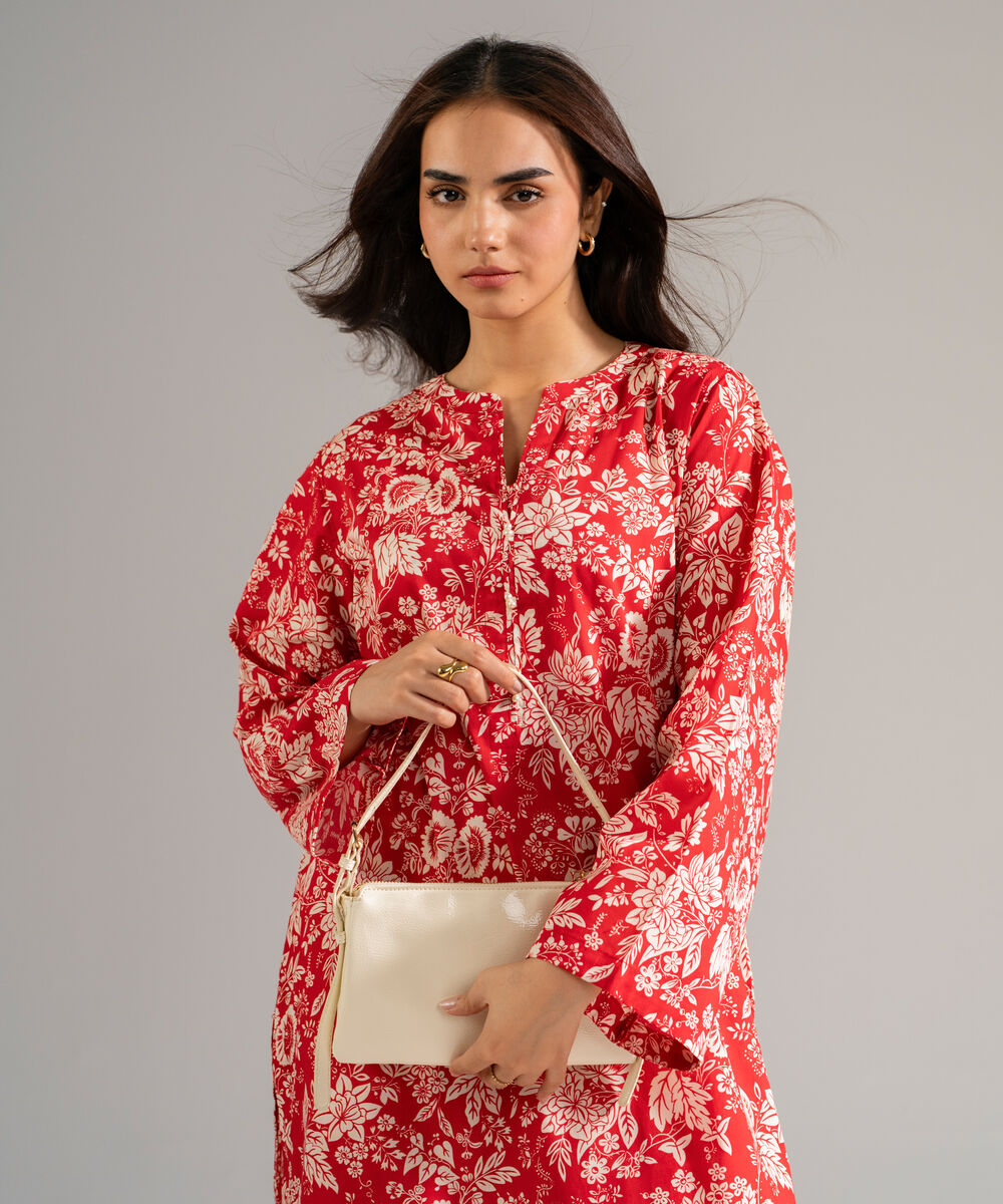Women's RTW Lawn Printed Red Straight Shirt