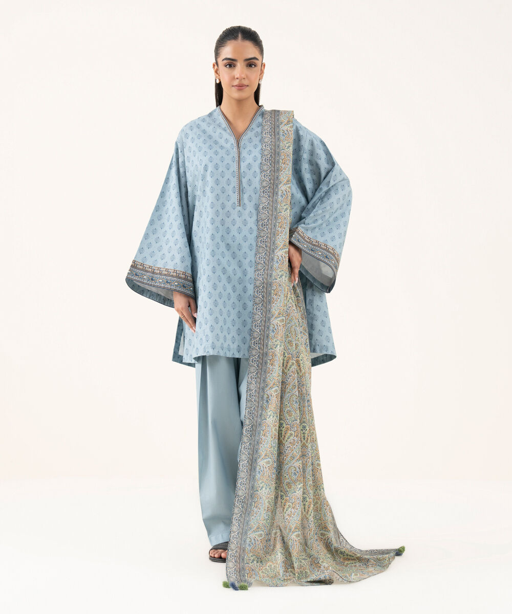 Women's Unstitched Cotton Printed Blue Three Piece Suit