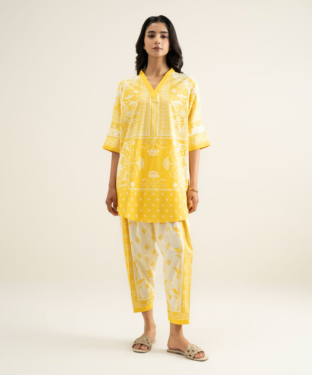 Women's RTW Cotton Viscose Printed Yellow Drop Shoulder Shirt