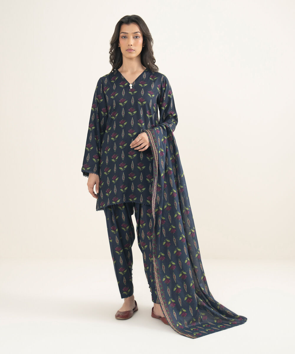 Women's RTW Arabic Lawn Printed Blue Straight Shirt