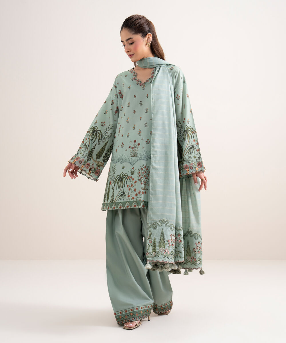 Women's Unstitched Lawn Embroidered Green 3 Piece Suit