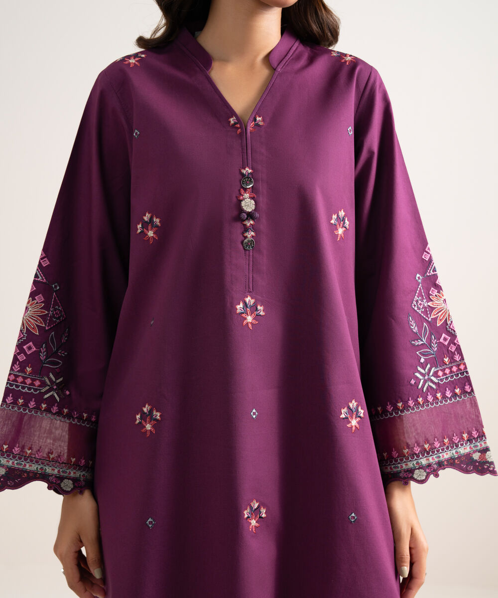Women's Unstitched Embroidered Cotton Purple 3 Piece Suit
