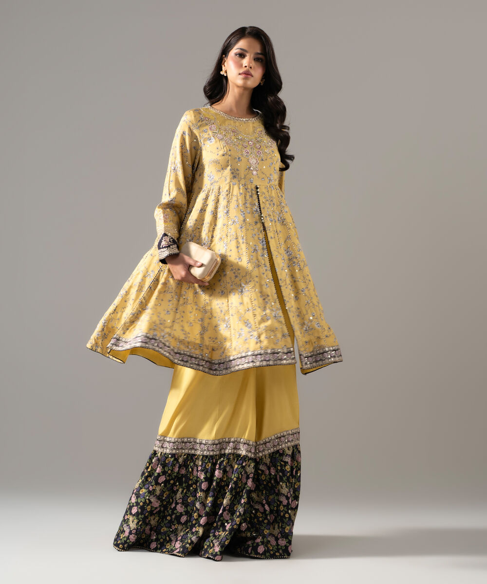 Women's RTW Bright Raw Silk Printed Yellow 2 Piece Suit