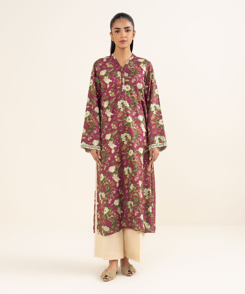 Women's RTW Light Khaddar Embroidered Pink A-Line Shirt