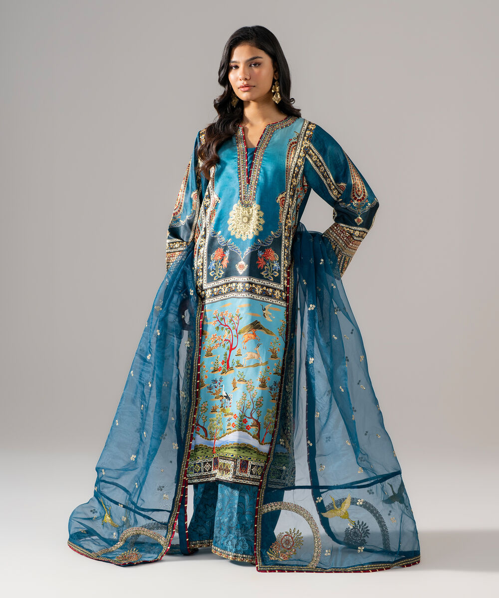 Women's RTW Blended Satin Embroidered Teal 3 Piece Suit