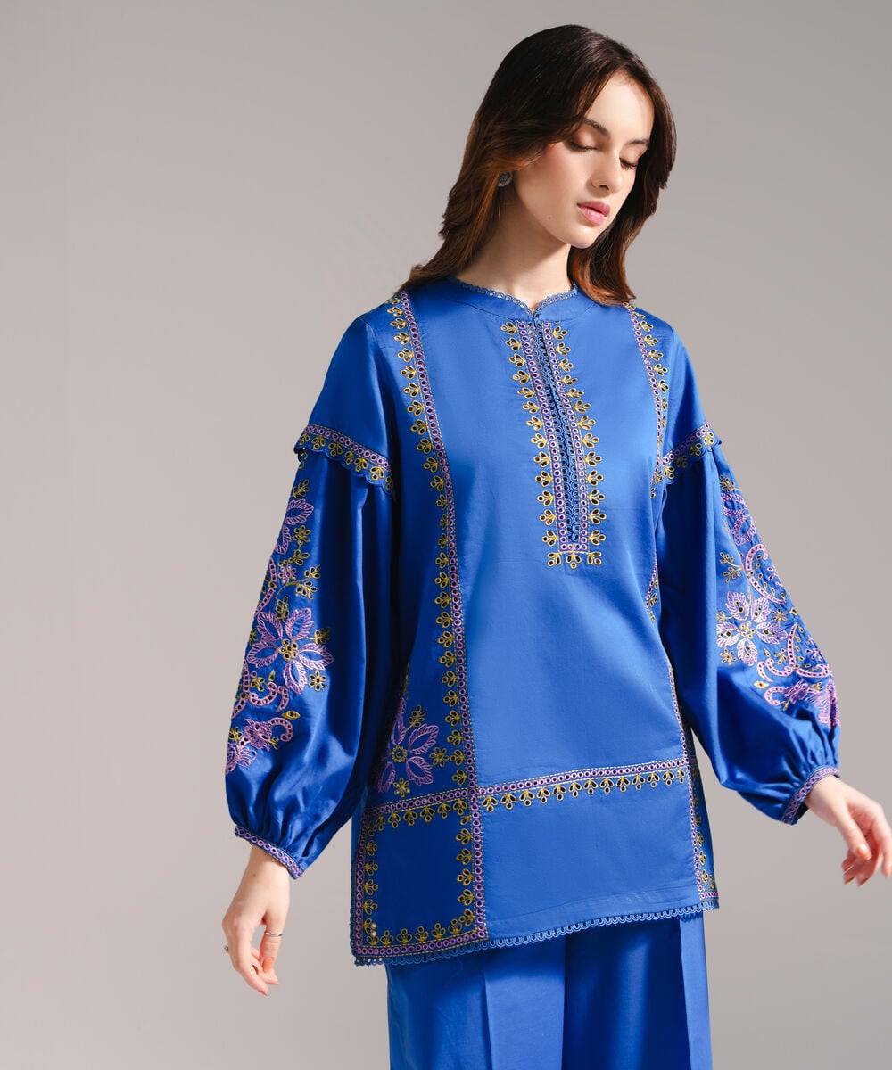 Women's RTW Cotton Satin Embroidered Straight Dark Blue Shirt