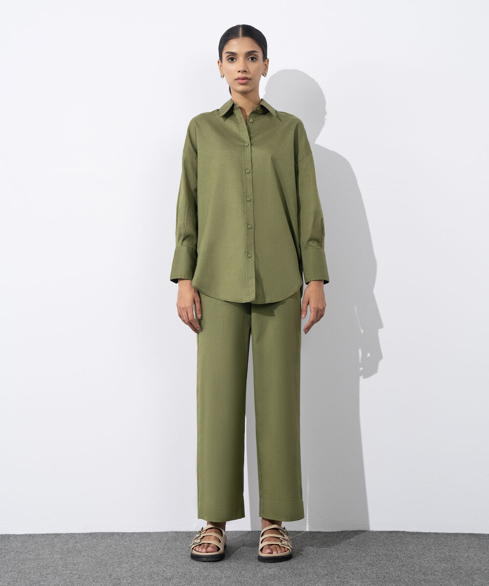 Women's Western Wear Green Loose Fit Linen Blend Shirt