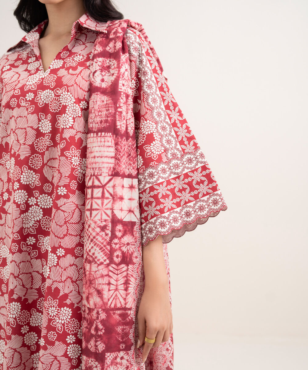 Women's Unstitched Lawn Printed Red 3 Piece Suit