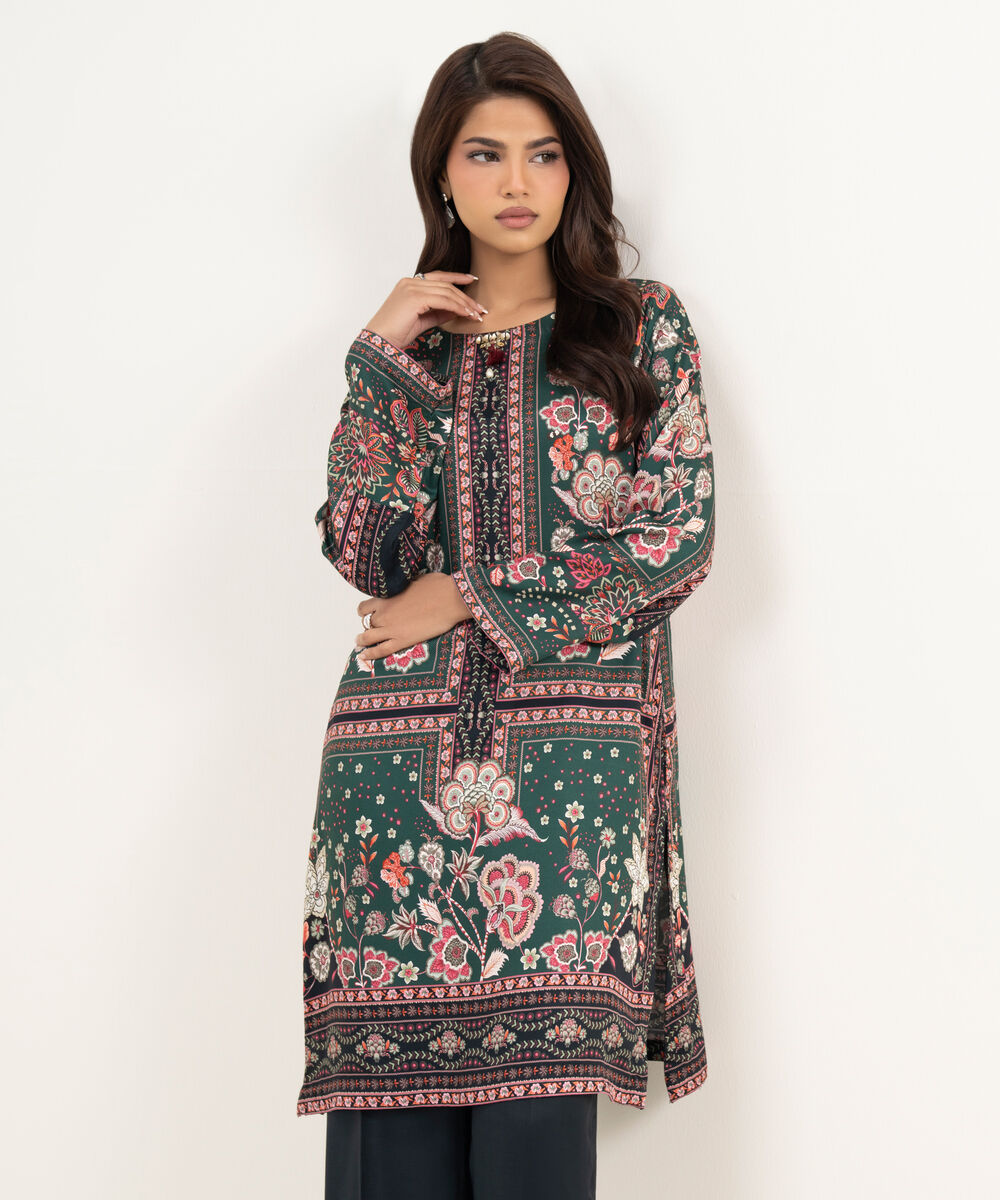 Women's RTW Premium Visocose Satin Printed Dark Green 2 Piece Suit