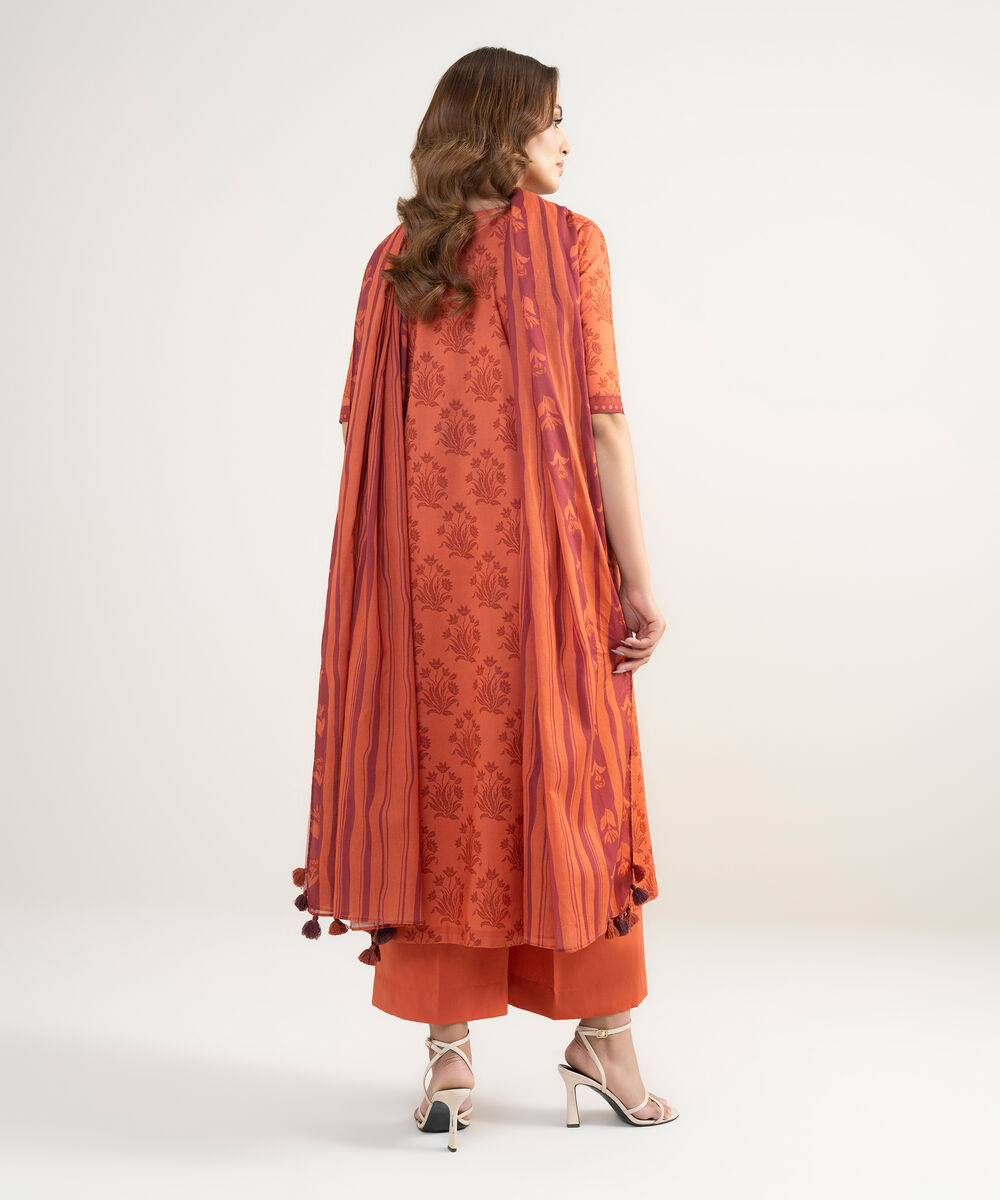 Women's Unstitched Lawn Embroidered Orange 3 Piece Suit