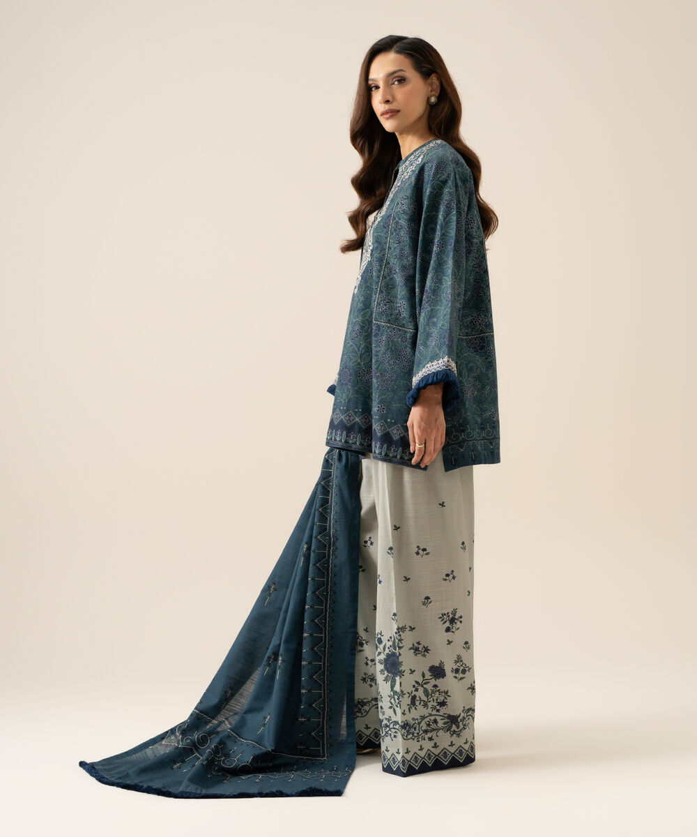 Women's Unstitched Cotton Printed Blue 3 Piece Suit