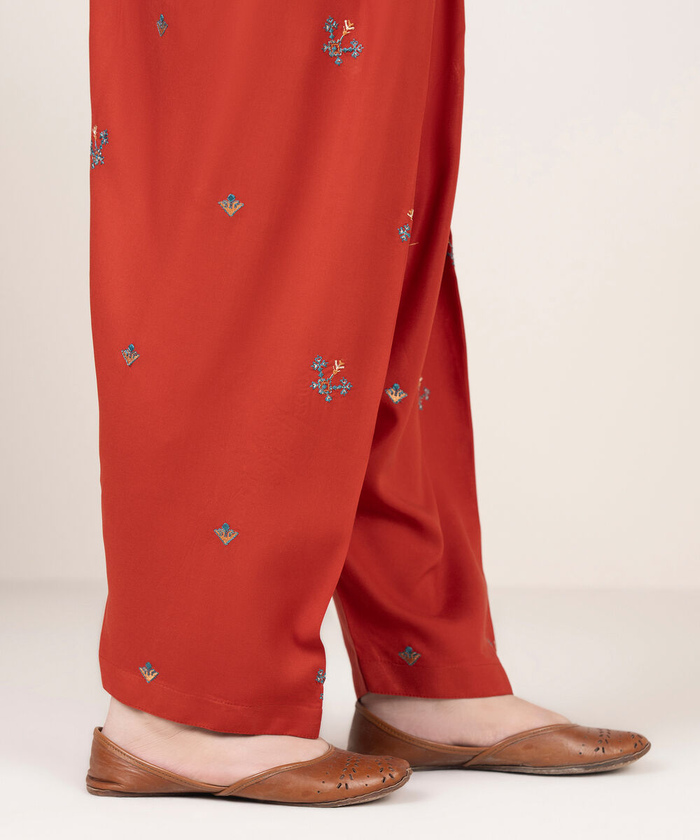Women's RTW Khaddar Embroidered Red Shalwar