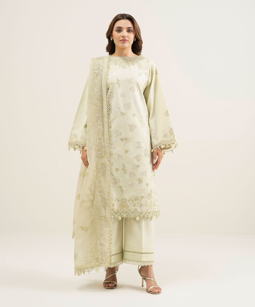 Women's Unstitched Lawn Embroidered Green 3 Piece Suit
