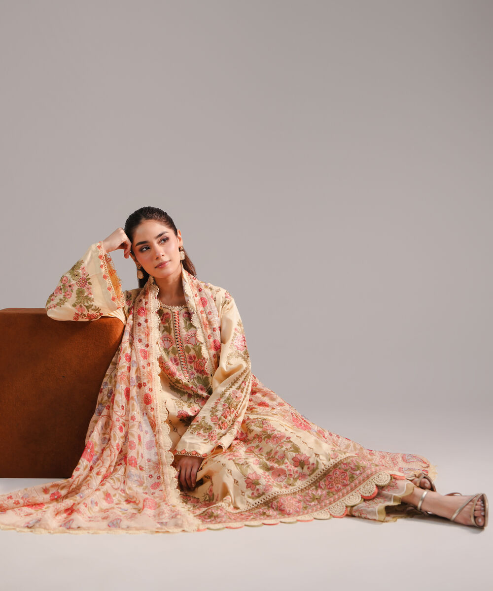 Women's RTW Self Jacquard Embroidered Yellow 3 Piece Suit