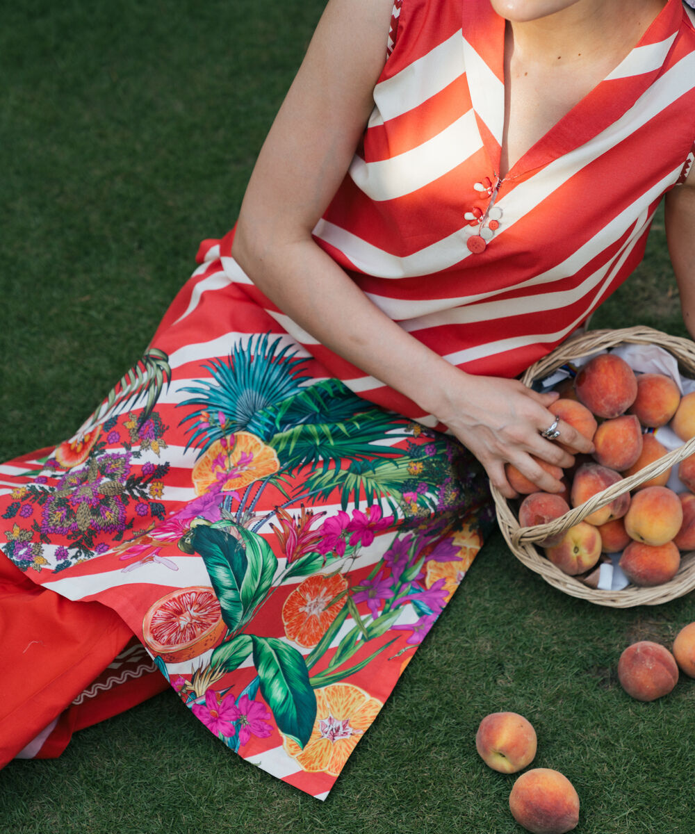 Women's Unstitched Lawn Printed Orange 2 Piece Suit
