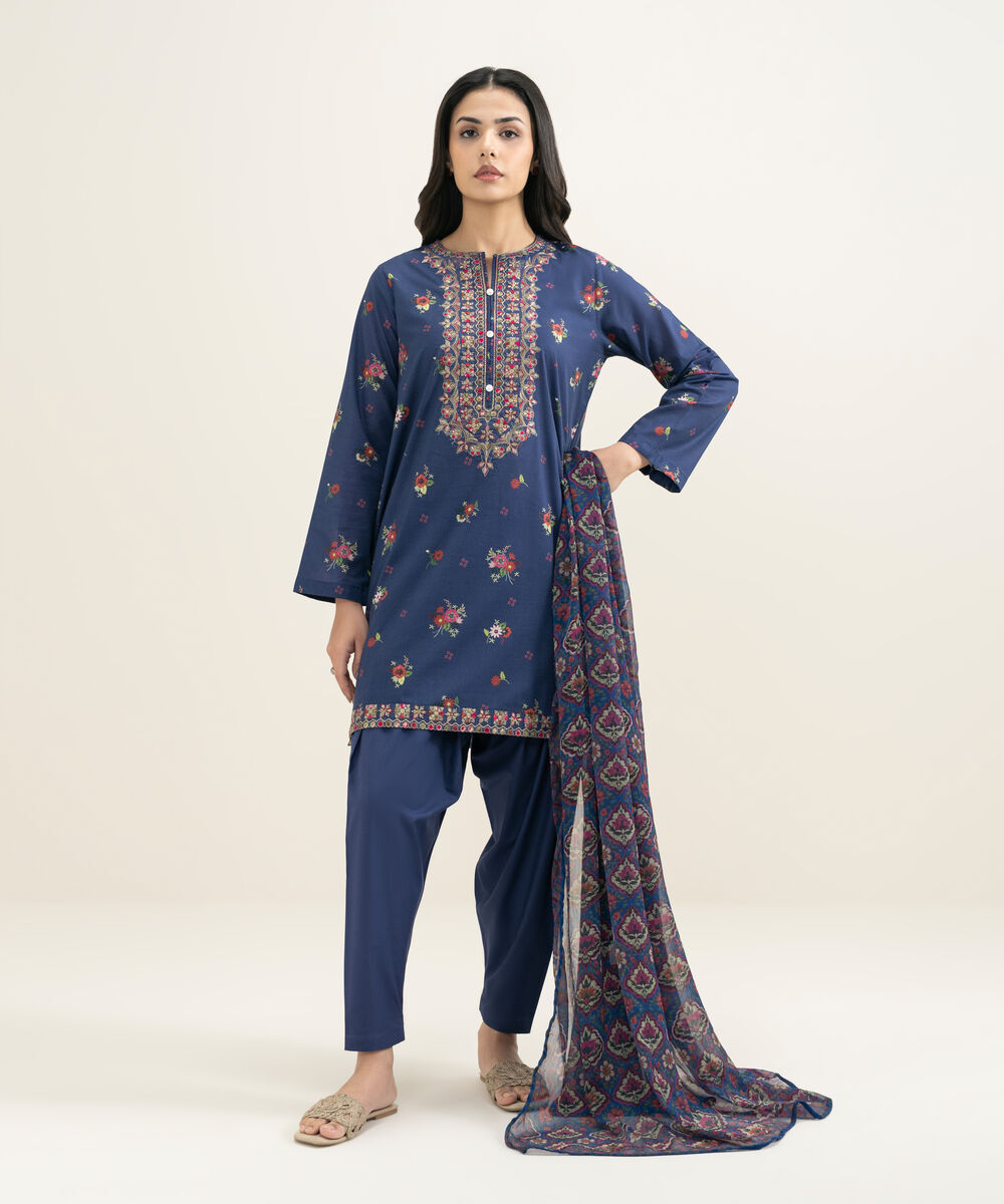 Women's RTW Slub Lawn Embroidered Blue Straight Shirt