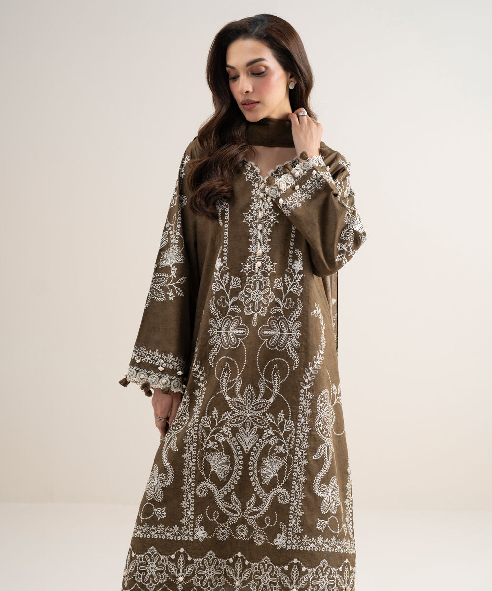 Women's Unstitched Lawn Embroidered Brown 3 Piece Suit