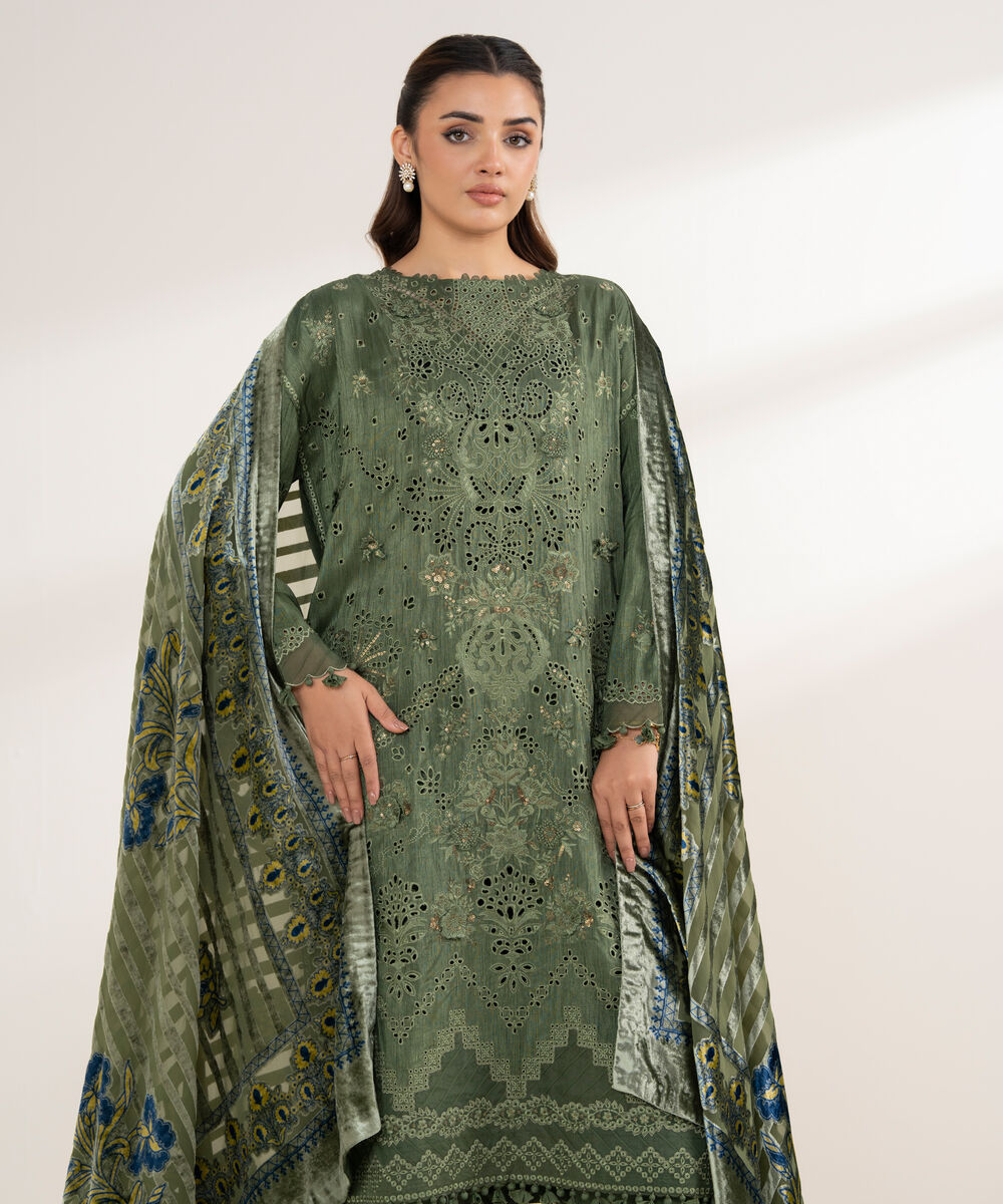 Women's Unstitched Viscose Raw Silk 3 Piece Suit