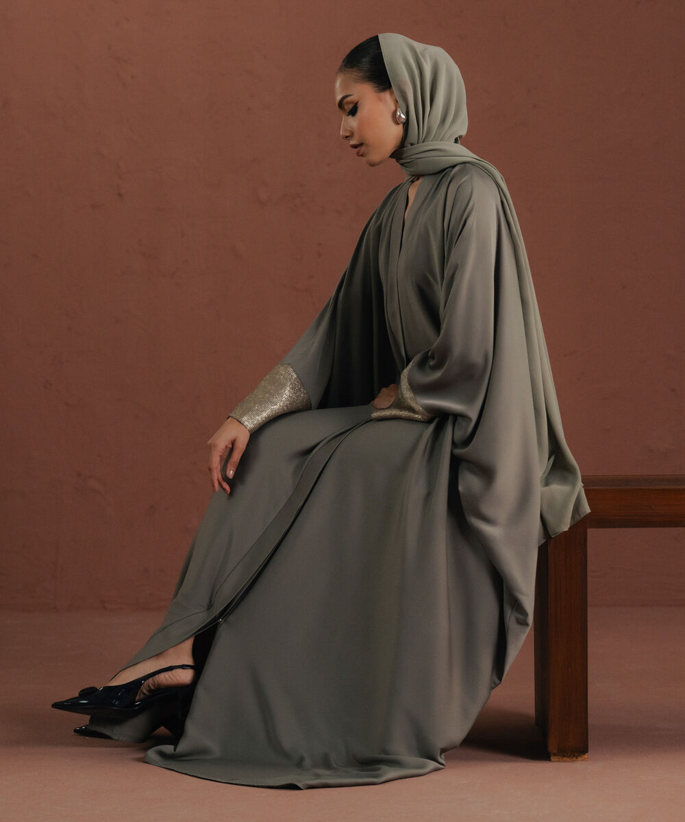 Women's sage green button through kaftan Abaya set
