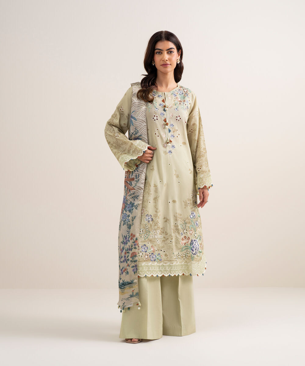 Women's Unstitched Lawn Embroidered Beige 3 Piece Suit