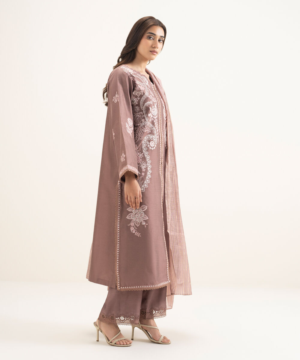 Women's RTW Silk Cotton Net Embroidered Mauve 3 Piece Suit