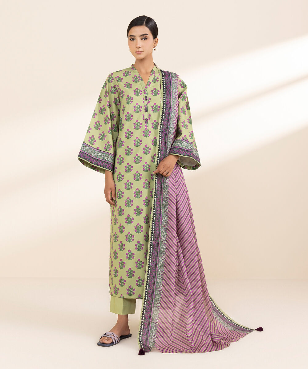 Women's Unstitched Lawn Printed Green 3 Piece Suit