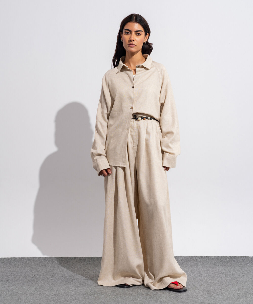 Women's Western Wear Woven Linen Beige Shirt