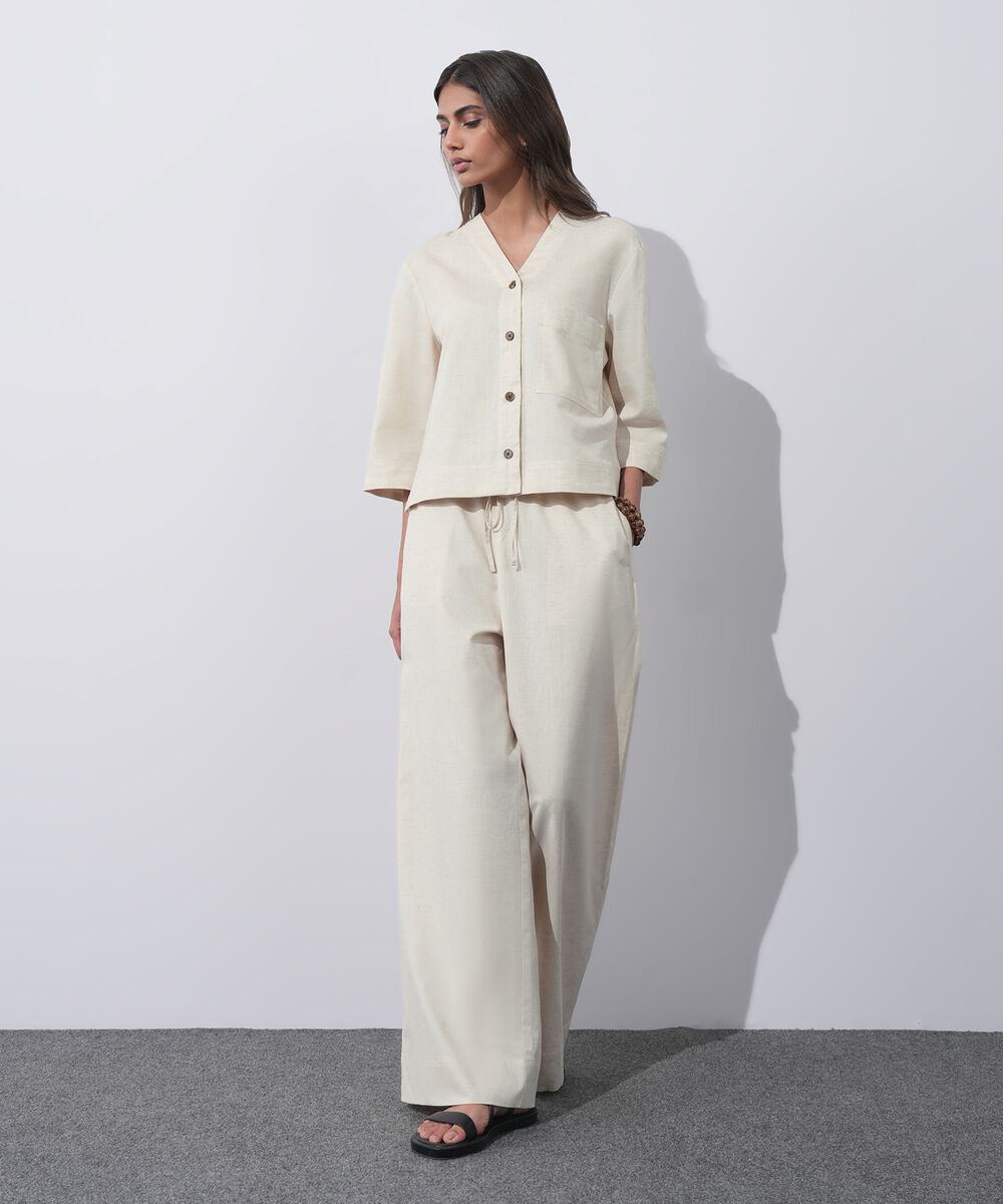 Women's Western Wear Beige V-Neck Linen Blend Shirt