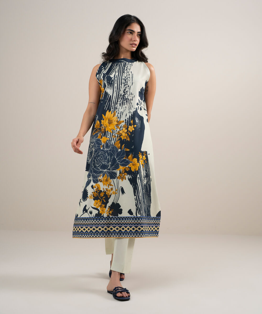 Women's Unstitched Lawn Printed White and  Black 2 Piece Suit