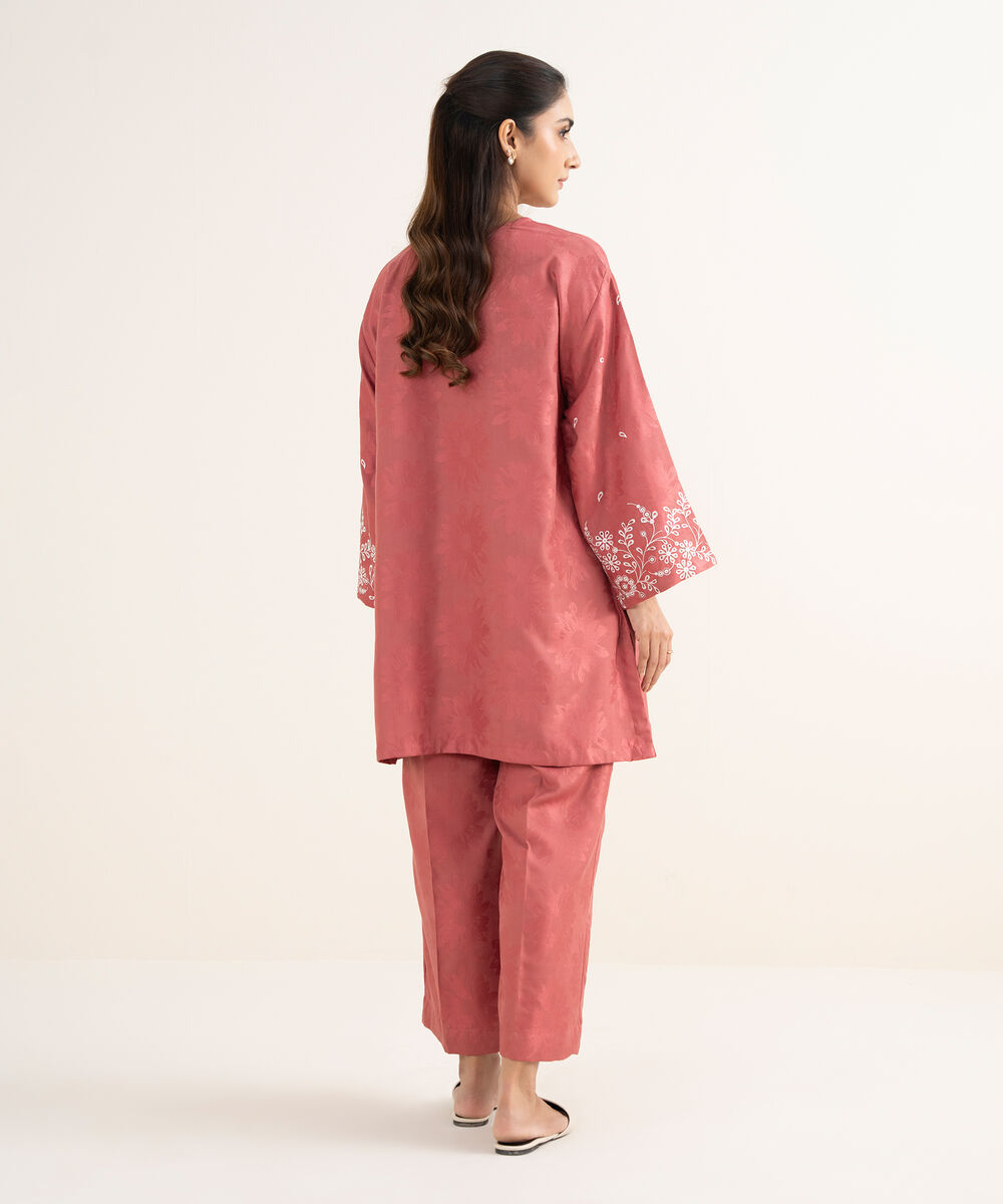 Women's RTW Jacquard Embroidered Peach Drop Shoulder Shirt