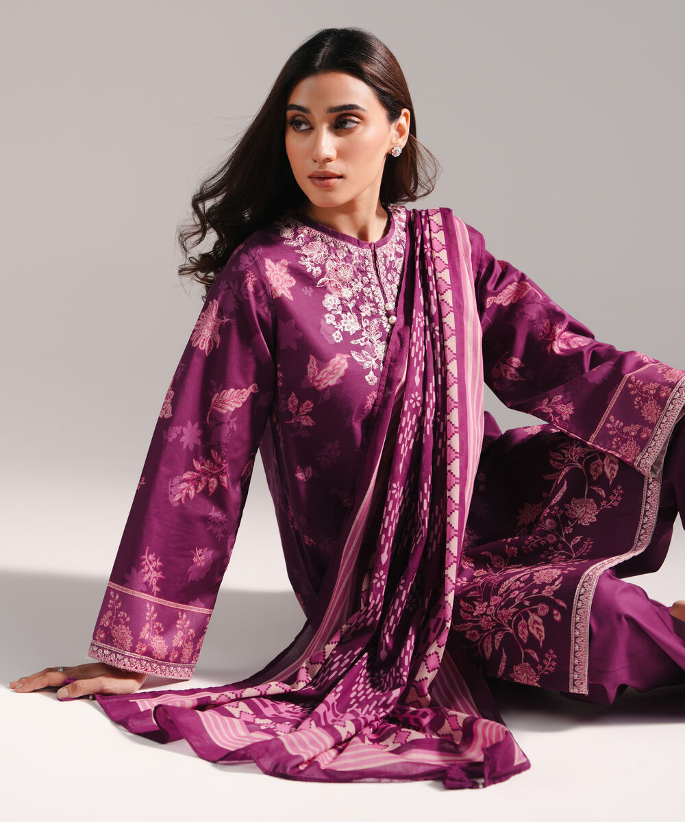 Women's RTW Lawn Printed Purple 3 Piece Suit