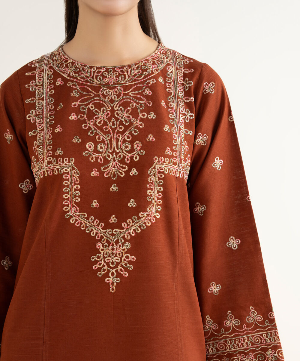 Women's RTW Khaddar Embroidered Dark Brown A-Line Shirt