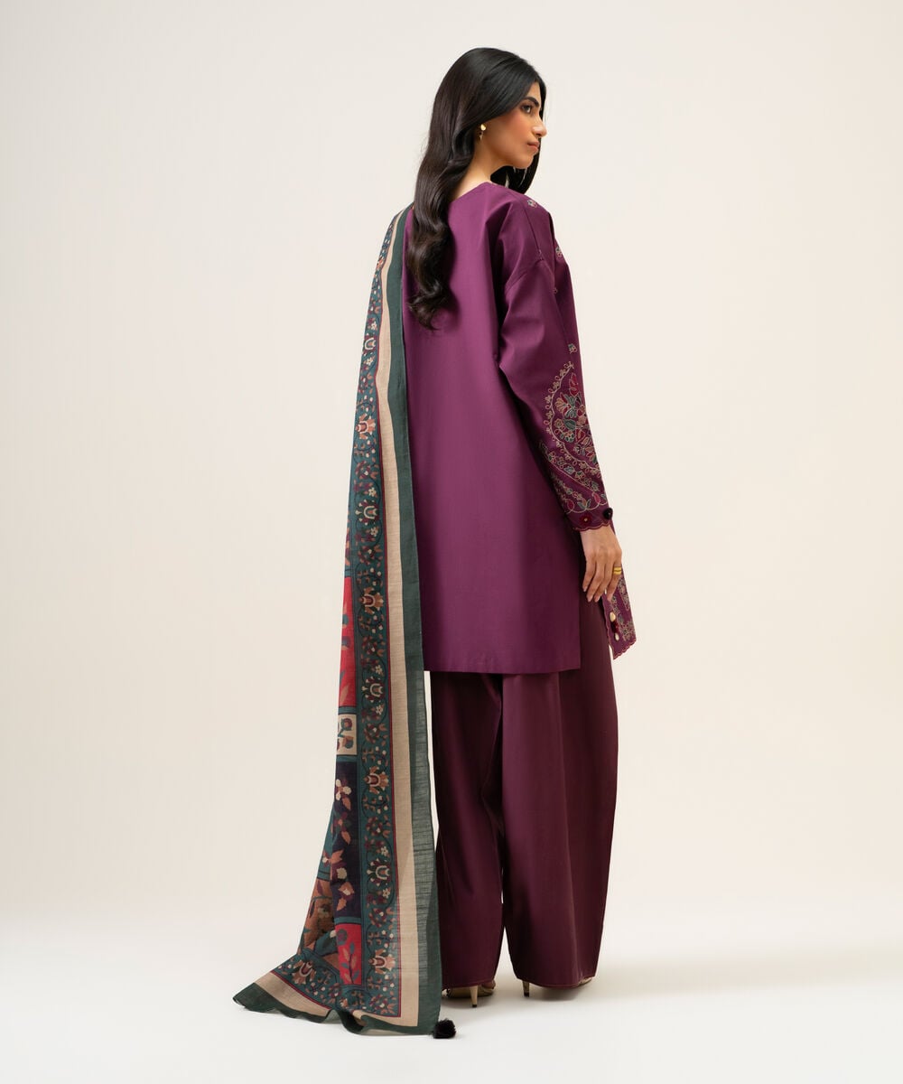 Women's Unstitched Textured Cotton Embroidered Purple 3 Piece Suit