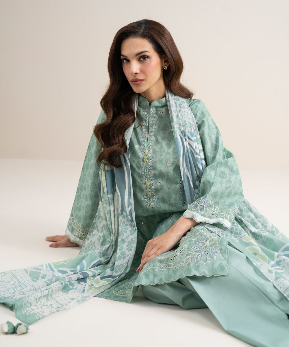 Women's Unstitched Lawn Embroidered Light Aqua 3 Piece Suit