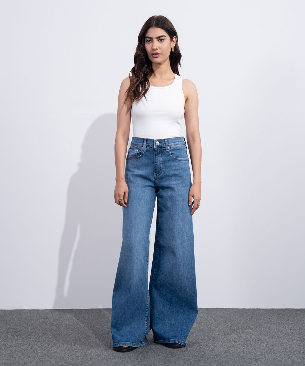 Women's Western Mid Blue Wash High Rise Wide Leg Jeans