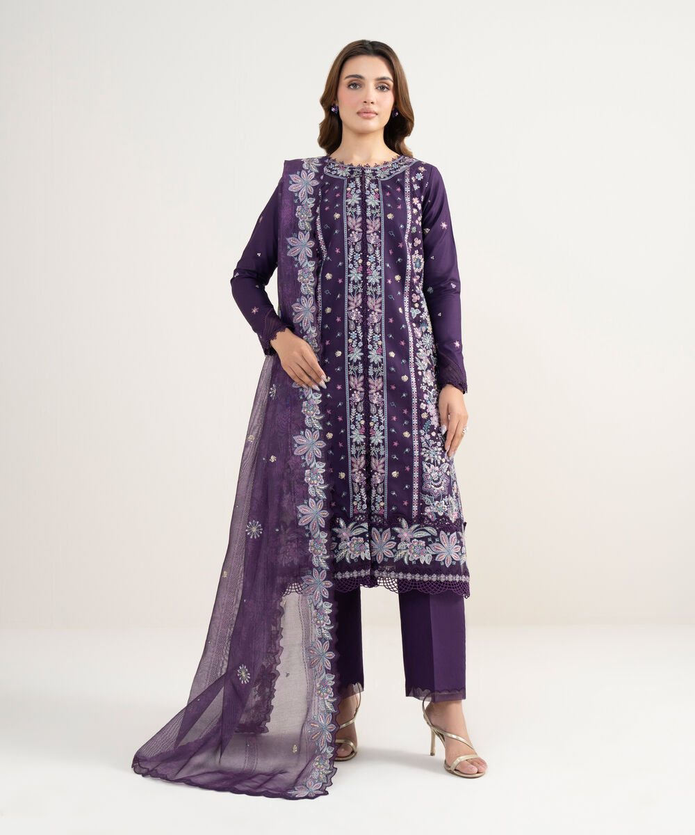 Women's Unstitched Fine Cotton Satin Embroidered Purple 3 Piece Suit