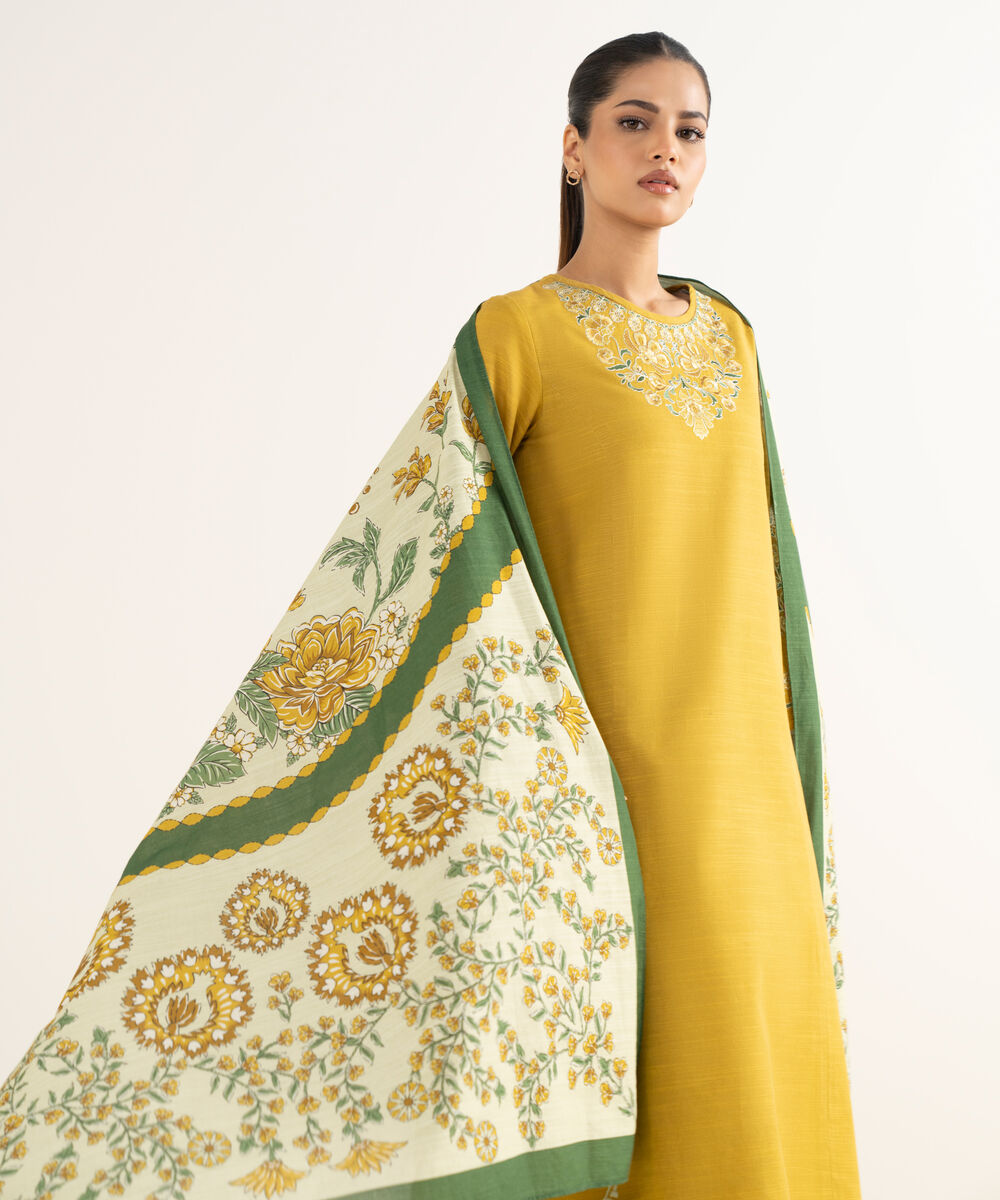 Women's Unstitched Khaddar Embroidered Yellow 3 Piece Suit