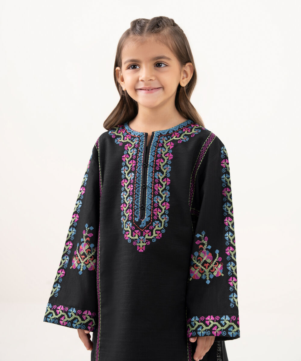 Girl's Light Khaddar Embroidered Black 2 Piece Suit