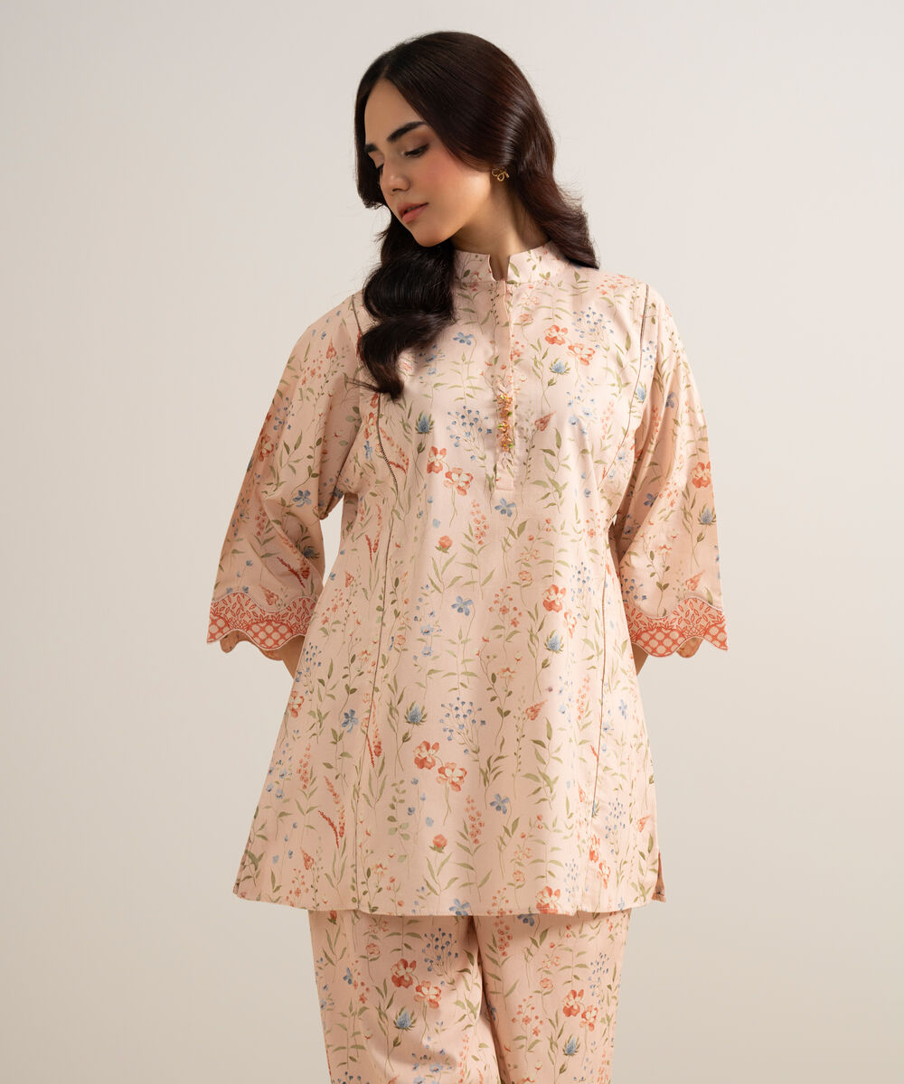 Women's Unstitched Lawn Printed Light Peach 2 Piece Suit