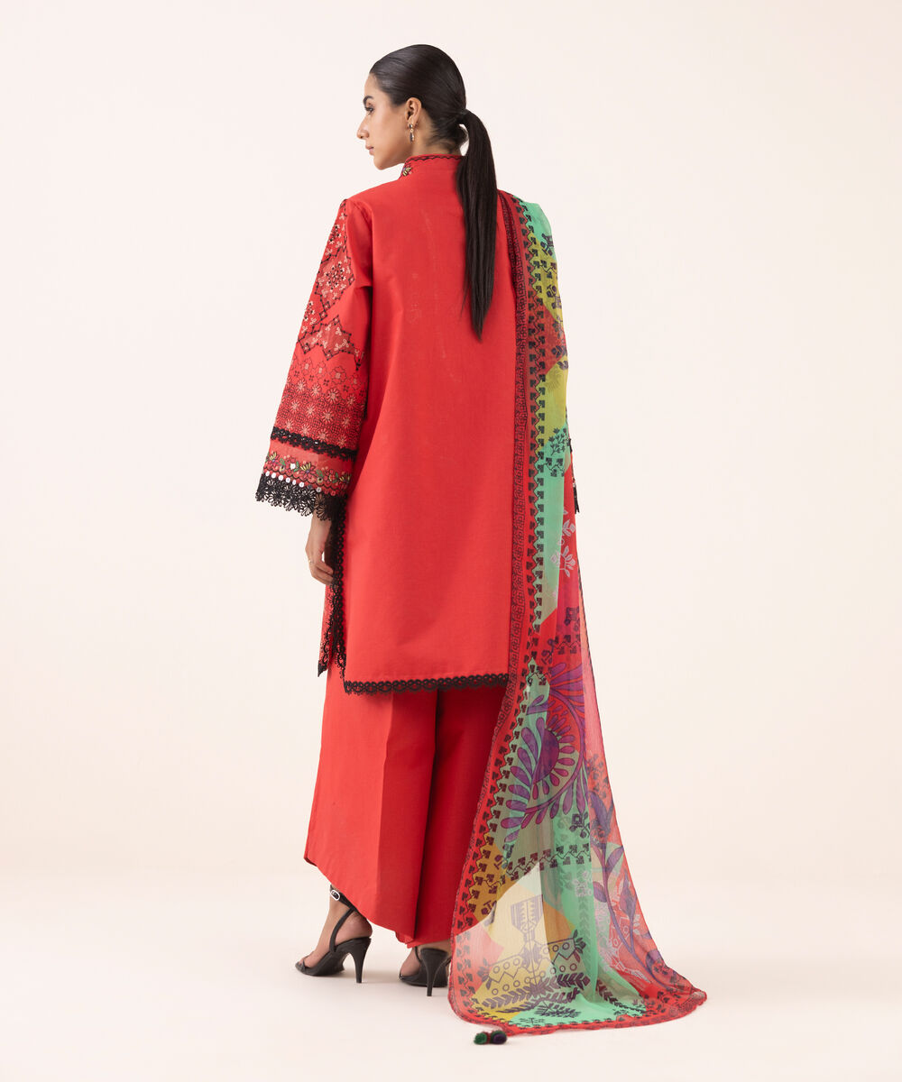 Women's Unstitched Cotton Embroidered Red Three Piece Suit