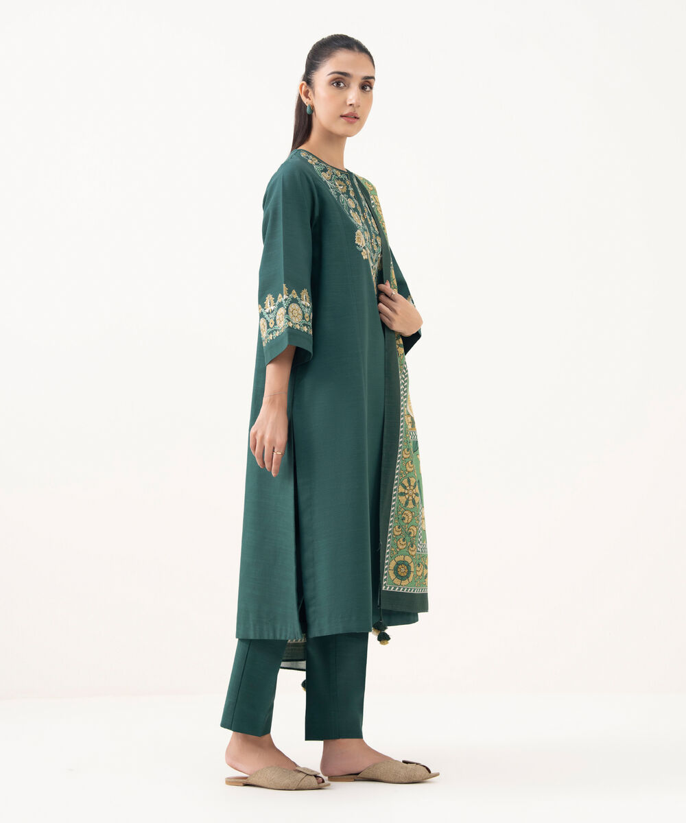 Women's Unstitched Cotton Embroidered Green 3 Piece Suit