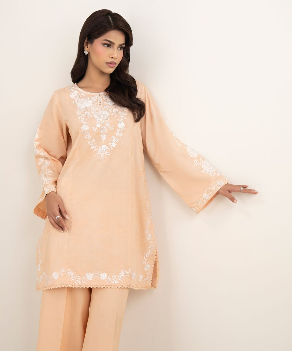 Women's RTW Self Jacquard Embroidered Pink A-Line Shirt