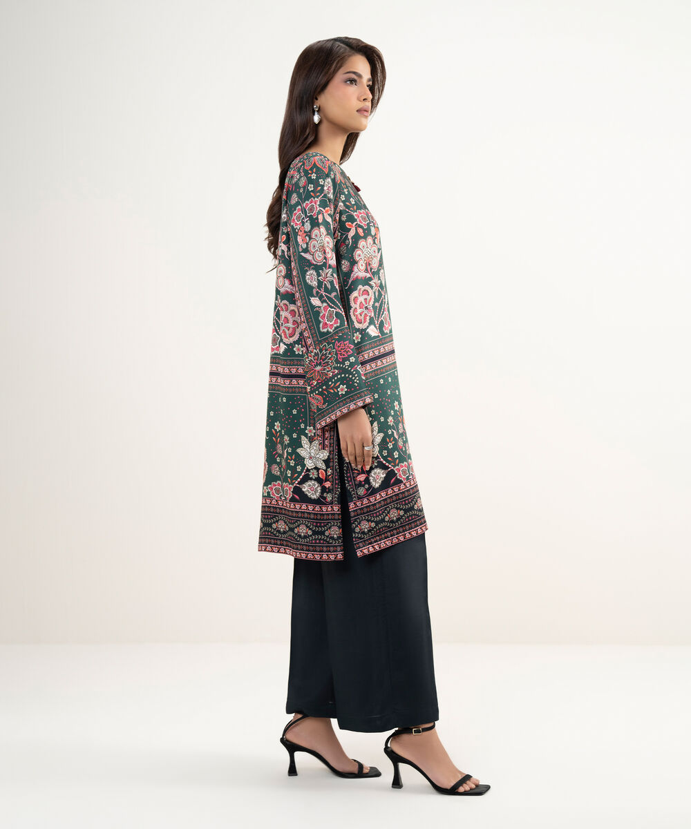 Women's RTW Premium Visocose Satin Printed Dark Green 2 Piece Suit