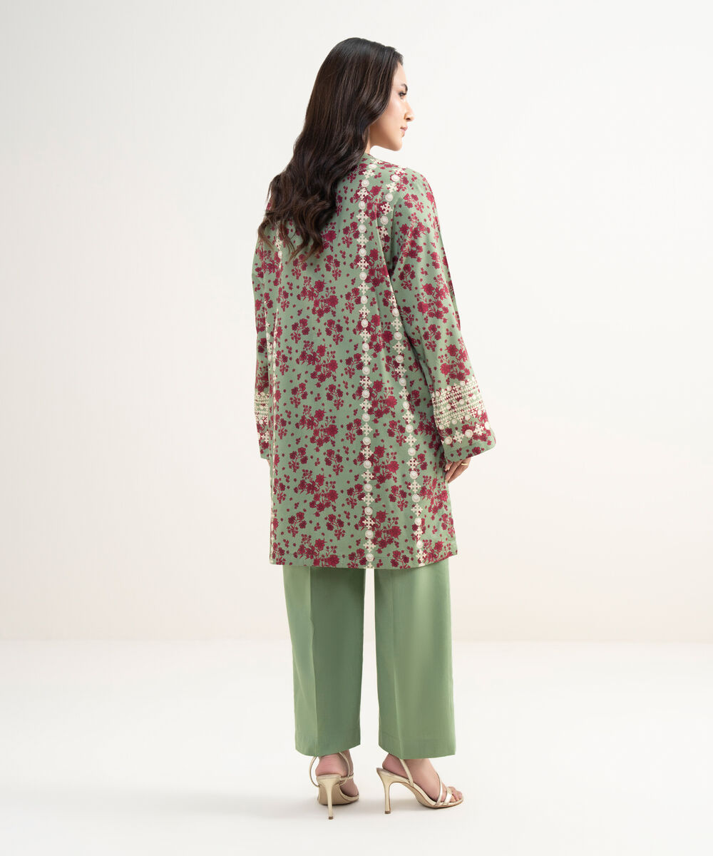 Women's RTW Cotton Viscose Embroidered Green Straight Shirt