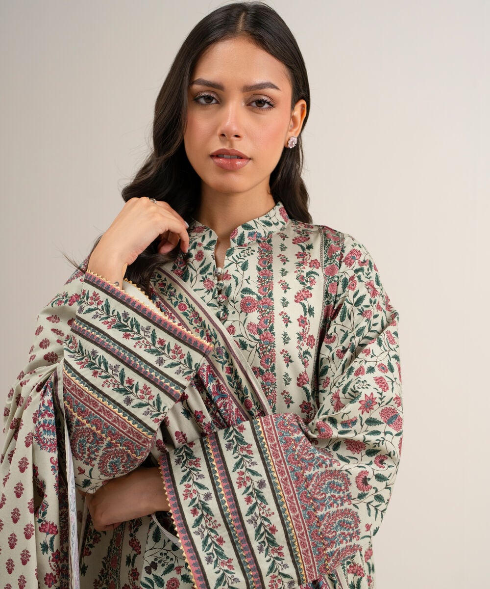 Women's Unstitched Printed Cotton Viscose Beige 3 Piece Suit