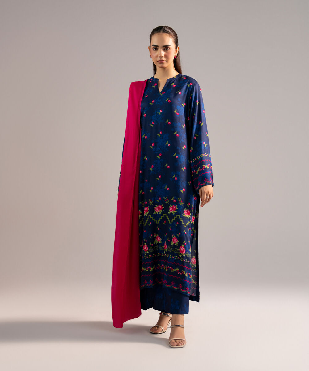 Women's RTW Arabic Lawn Solid Dark Blue 3 Piece Suit