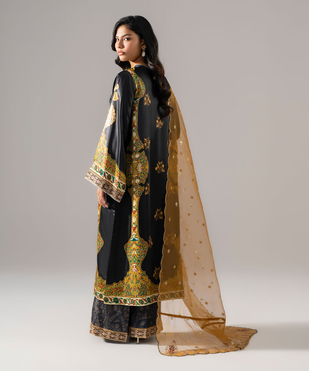 Women's RTW Blended Satin Embroidered Black 3 Piece Suit