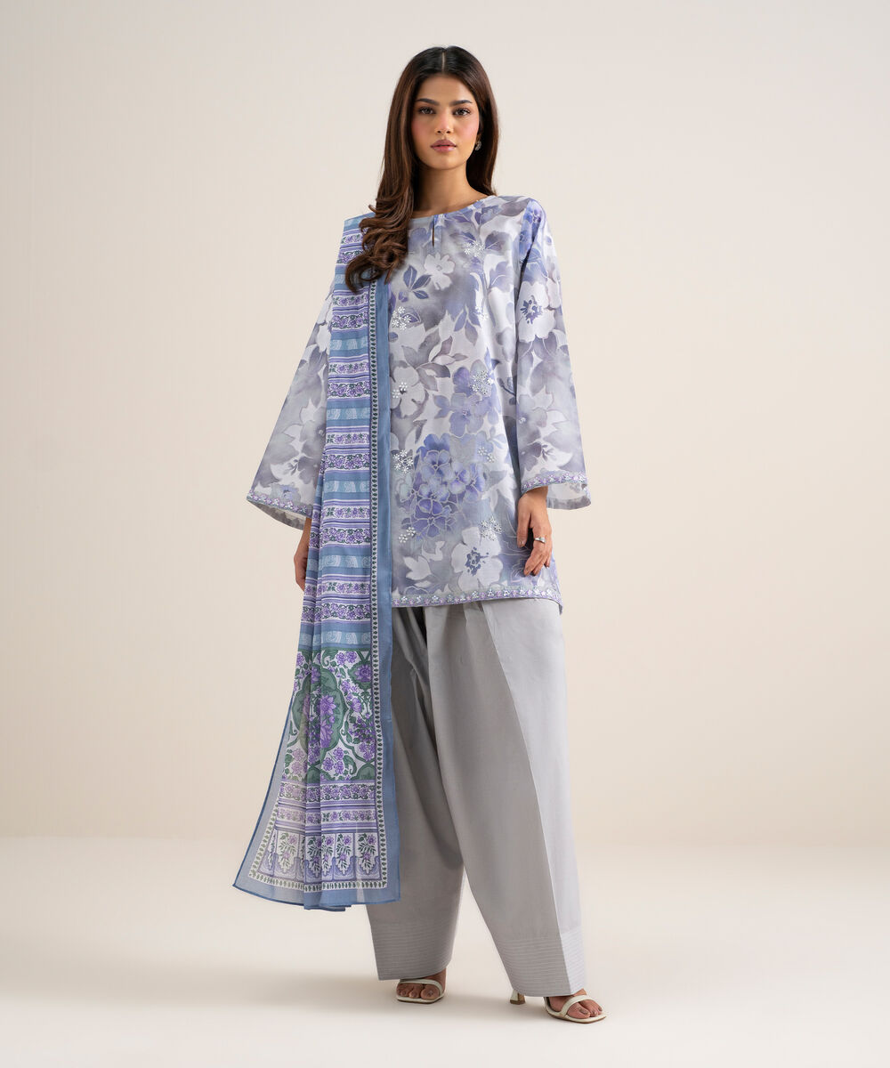 Women's Unstitched Lawn Embroidered Tea Pink and Off White 3 Piece Suit