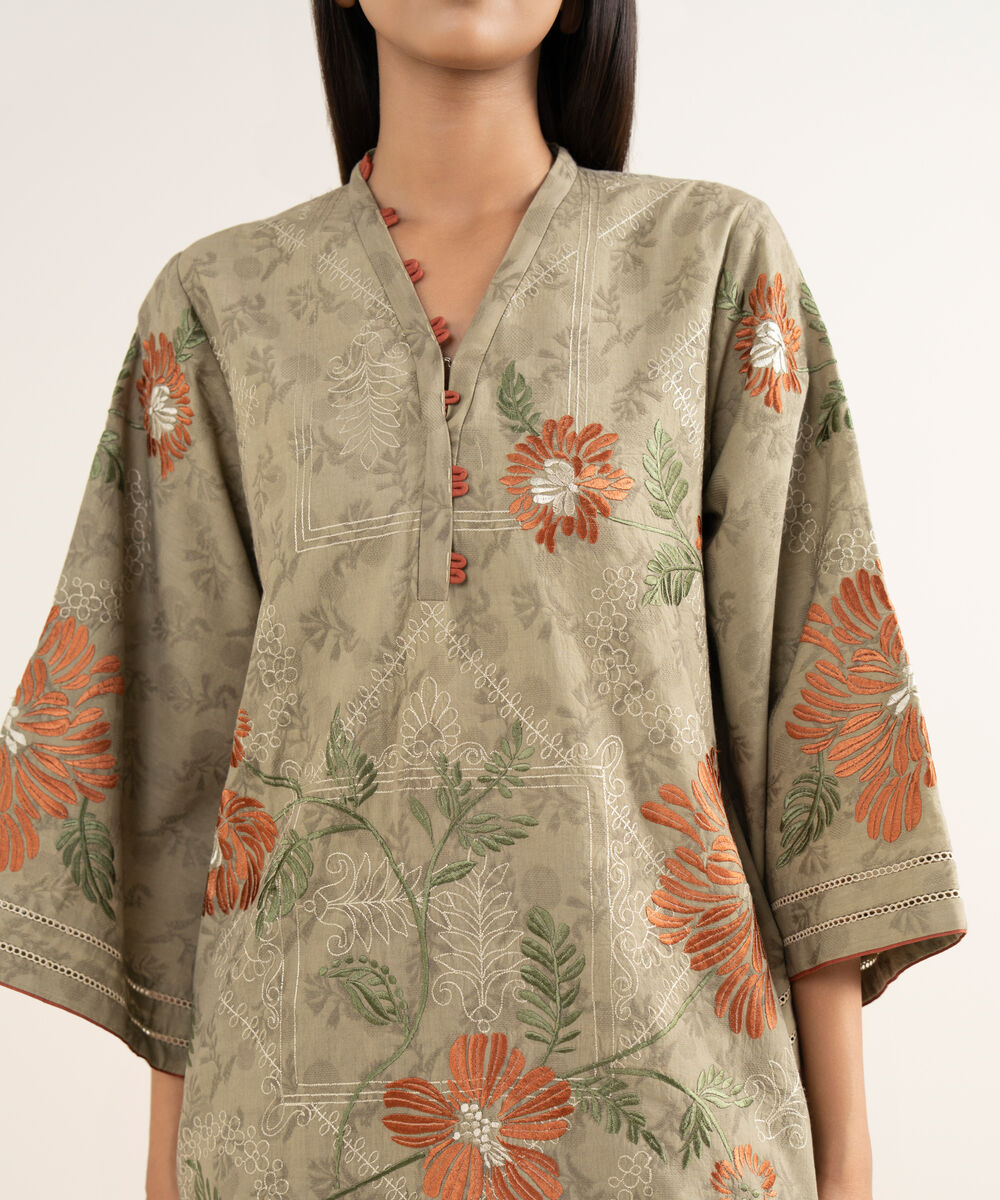 Women's Unstitched Cotton Jacquard Embroidered Beige 3 Piece Suit