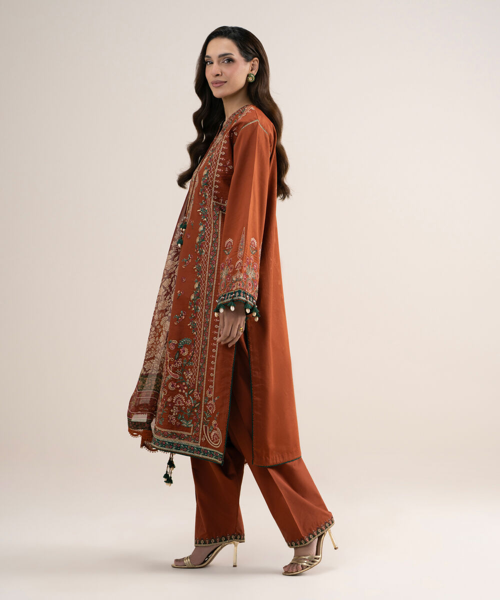 Women's Unstitched Embroidered Fine Cotton Satin Rust 3 Piece Suit